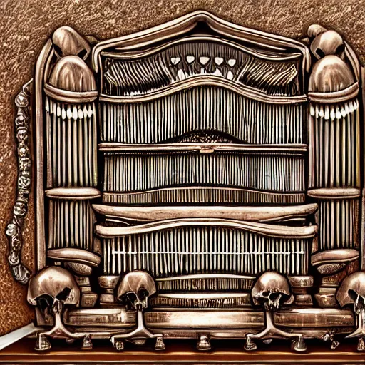 Image similar to a pipe organ made out of skulls, digital art, highly detailed, high quality, high resolution