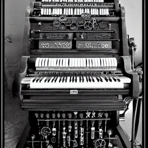 Image similar to steampunk organ, black and white film,