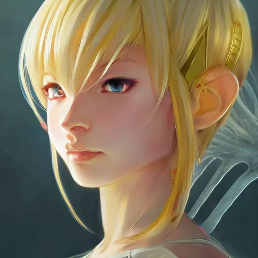 Image similar to portrait of anime pixie character with gold crown hair, manga cover, highly detailed, digital painting, artstation, concept art, sharp focus, illustration, strong brush stroke, anime, sharp edges, coherent, art by greg rutkowski, ilya kuvshinov, sharp focus, ghibli studio, art by ilya kuvshinov, rossdraws