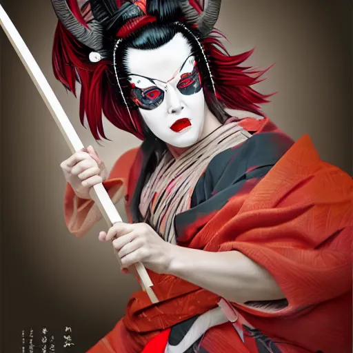 Image similar to an epic portrait of insane kabuki wielding a spear while striking a pose, magical aura of insanity driving beasts insane, intricate hakama, red wig, high energy, dramatic lighting, trending on artstation,