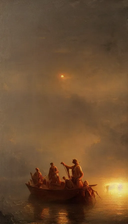 Prompt: man on boat crossing a body of water in hell with creatures in the water, sea of souls, by ivan aivazovski,