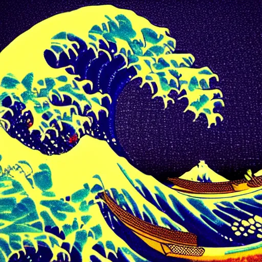 Image similar to acid trip of great wave of kanagawa, cyberpunk, neon, dramatic lighting