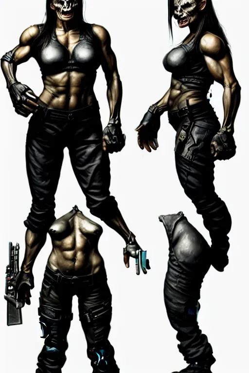 Image similar to gina carano as an ork with prothesis metallic left arm, casual black clothing, muscular, realistic proportions, casual pose, large portrait, sci - fi, shadowrun, rpg character, gun, digital painting, artstation, concept art, smooth, 8 k frostbite 3 engine, ultra detailed, art by artgerm and greg rutkowski and magali villeneuve