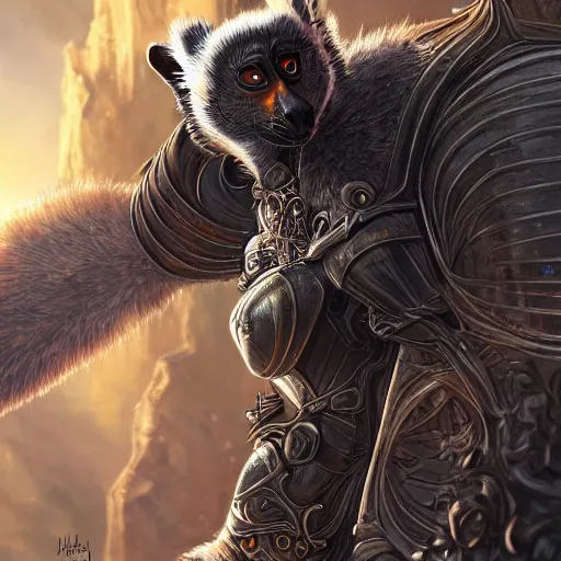 Image similar to lemur in knight armor, sun in the background, intricate, elegant, fantasy, highly detailed, digital painting, artstation, concept art, smooth, sharp focus, illustration, art by artgerm