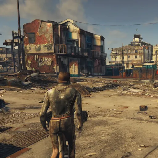 Image similar to Venice Beach in ruins post-nuclear war in Fallout 4, in game screenshot