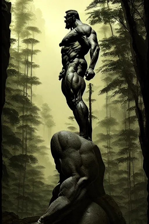 Prompt: greg rutkowski poster. ancient stone carved sculpture of a giant muscular man in the woods