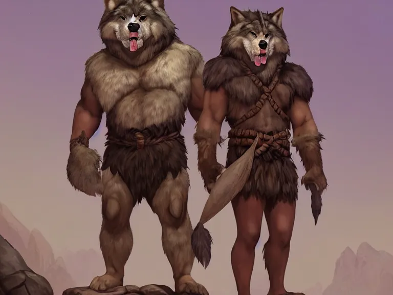 Image similar to burly tough character feature portrait of the anthro male anthropomorphic wolf fursona animal person wearing tribal primitive caveman loincloth outfit belt standing in the entrance to the cave, center framed character design stylized by charlie bowater, ross tran, artgerm, makoto shinkai, detailed, soft lighting, rendered in octane