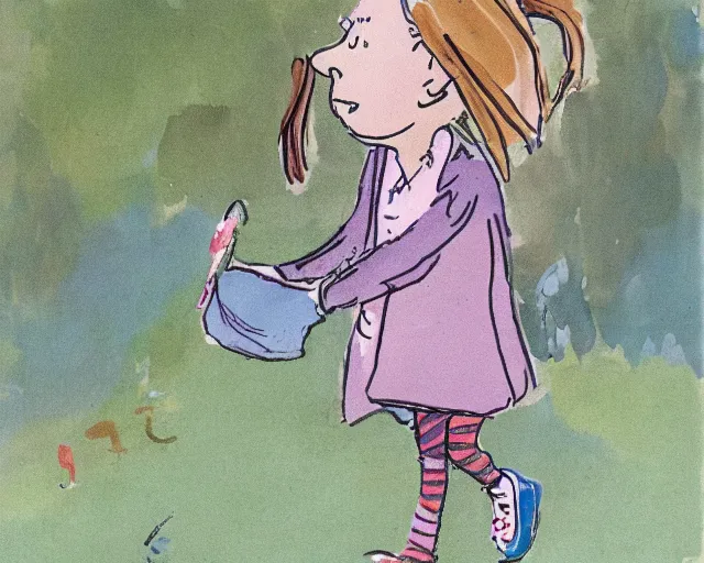 Prompt: roald dahl quentin blake childrens book illustration of a toddler girl wearing a backpack walking on her first day of nursery kindergarten