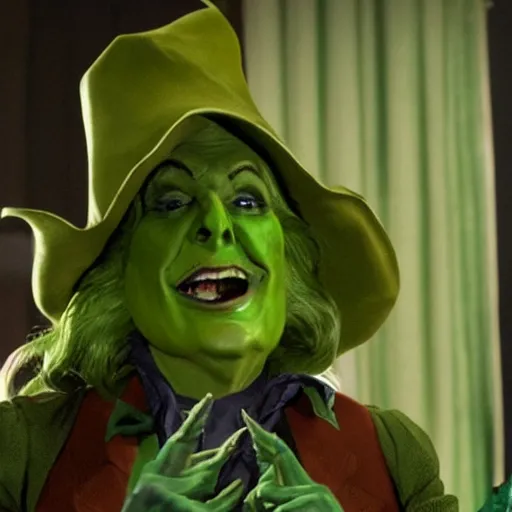 Image similar to trump in the style of wicked witch of the west with green skin, high quality movie still