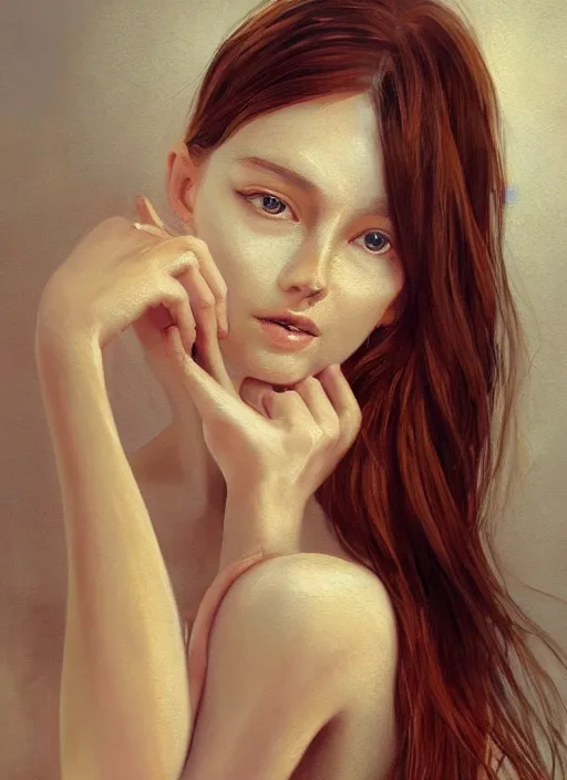 Image similar to girl portrait painting by WLOP, Andrei Riabovitchev, gold skin, transparent dress, highly detailed, harper's bazaar, vogue, magazine, concept art, ornate, luxury, elite, elegant, trending on artstation ,