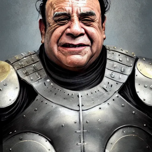 Image similar to a professionally painted portrait of Danny Devito, clothed in ancient battle armor, wrinkled skin, curly black hair, scar across face, intricate, elegant, digital painting, trending on Artstation, concept art, smooth, sharp focus, illustration, from Metal Gear by Ruan Jia and Mandy Jurgens and Artgerm and and william-adolphe bouguerea, award winning