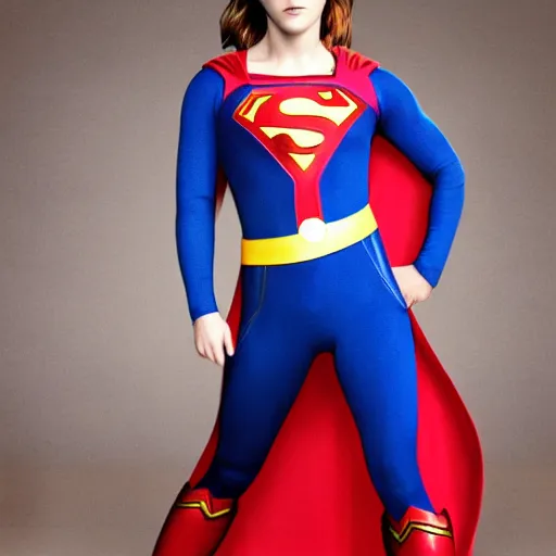 Image similar to emma watson in a superman costume doing a split