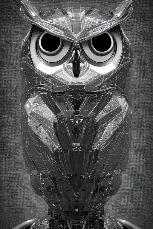 Prompt: cybernetic owl. portrait. complex shape. octane render. 8 k. monochrome. cinematic.