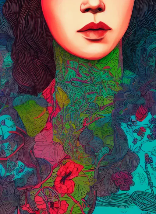 Prompt: closeup portrait of mitski, an ultrafine detailed illustration by james jean, intricate linework, bright colors, final fantasy, behance contest winner, vanitas, angular, altermodern, unreal engine 5 highly rendered, global illumination, radiant light, detailed and intricate environment