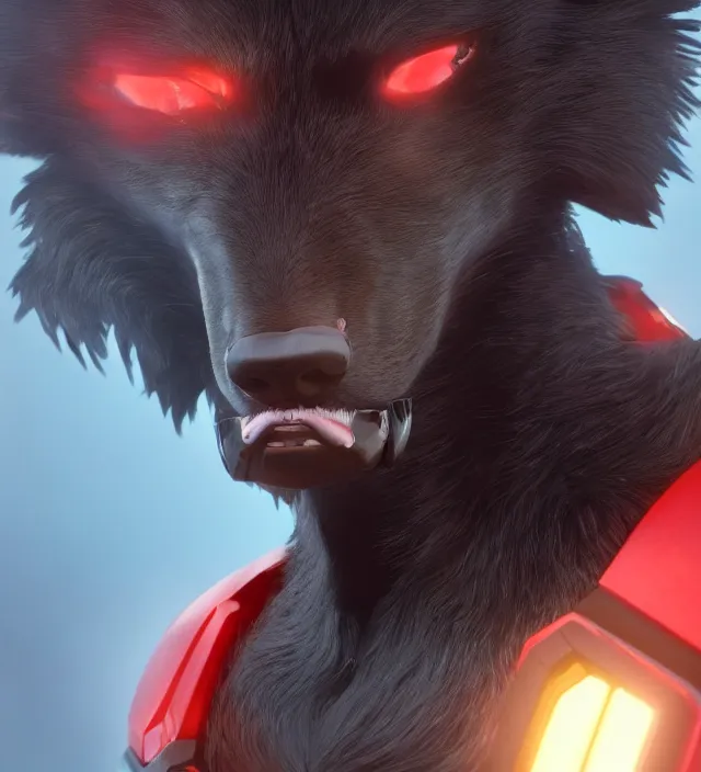 Image similar to portrait of a anthropomorphic black male wolf with red hair in star citizen, hyper detailed, digital art, trending in artstation, cinematic lighting, studio quality, smooth render, unreal engine 5 rendered, octane rendered, art style by pixar dreamworks warner bros disney riot games and overwatch.