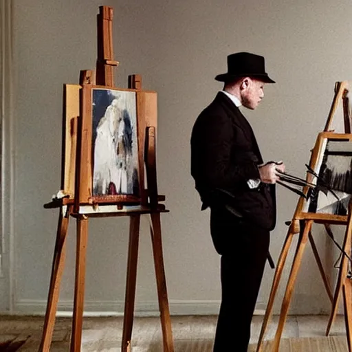 Prompt: ewan mcgregor is dressed as a gentleman at early 2 0 th century paris. he is watching an easel. that easel has a canvas on it. ewan mcgregor has a brush on his hand. he is painting a painting. realistic painting with strong outlines