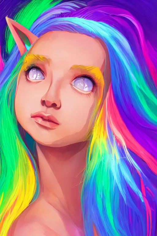 Prompt: a girl with rainbow hair, unicorn horns, portrait, rim light, fresh colors, gradients, highly detailed, digital illustration, concept art, smooth, sharp focus,