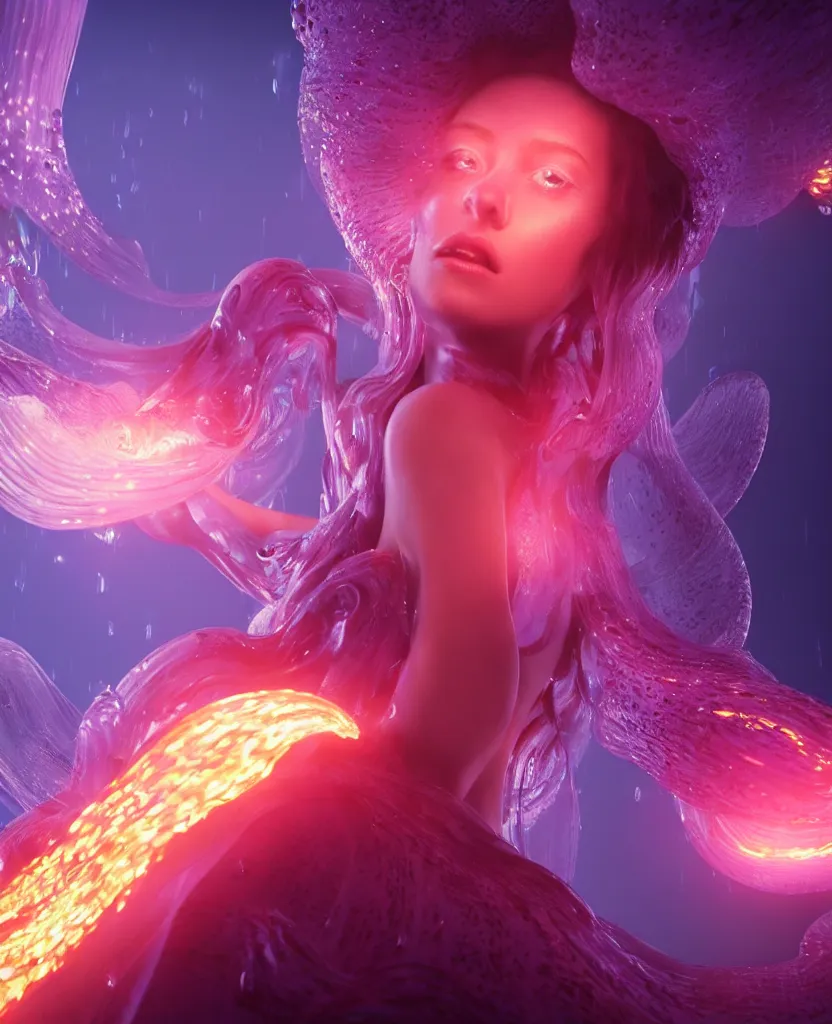 Image similar to close-up portrait of a beautiful princess floating in ethereum surrounded by floating jellyfish, energy flows of fire and water, flashes of plasma, 3d with depth of field, blurred background, a highly detailed epic cinematic concept art CG render. made in Maya, Blender and Photoshop, octane render, excellent composition, cinematic dystopian brutalist atmosphere, dynamic dramatic cinematic lighting, aesthetic, very inspirational, arthouse. y Greg Rutkowski, Ilya Kuvshinov, WLOP, Stanley Artgerm Lau, Ruan Jia and Fenghua Zhong