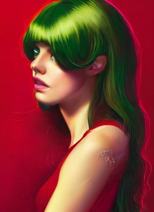 Image similar to full body portrait of teenage cheryl blossom, bangs, green eyes, mischievous expression, red hair, sultry smirk, bangs and wavy hair, 1 9 8 0 s, intricate, elegant, glowing lights, highly detailed, digital painting, artstation, concept art, smooth, sharp focus, illustration, art by wlop, mars ravelo and greg rutkowski