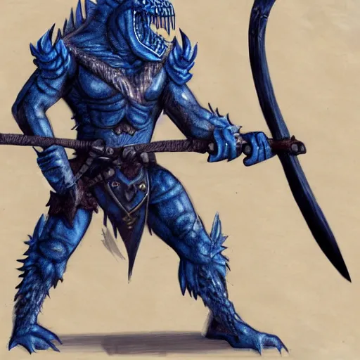 Prompt: fantasy concept art; portrait of a blue dragonborn wielding an axe; barbarian clothing; detailed sketch