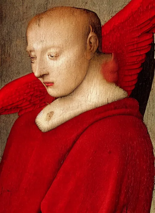 Image similar to profile of a fallen angel dressed in red with wings by Jan van Eyck, Hieronymus Bosch, Johannes Vermeer 4k post-processing, highly detailed medieval painting