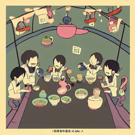 Image similar to tiny imaginary creatures having tea party inside a humans beard. anime. in a style of hayao miyazaki.