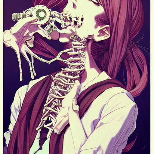 Image similar to anime manga skull portrait young woman blowing bubblegum, skeleton, intricate, elegant, highly detailed, digital art, ffffound, art by JC Leyendecker and sachin teng