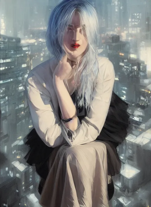 Prompt: white haired woman in a skirt sitting on a window, plaid skirt, cyberpunk, expressive oil painting, night, highly detailed, trending on artstation, by artgerm, by greg rutkowski, beautiful detailed face, vivid colors, detailed body