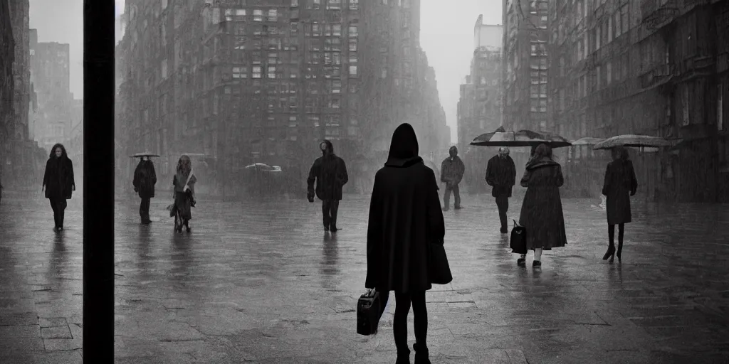 Prompt: medium shot of umbrella stall with sadie sink in hoodie. in ruined square, pedestrians on both sides. cyberpunk tenements in background : grainy b & w 1 6 mm film, still from schindler's list by steven spielberg. cinematic atmosphere, sharp face, perfect anatomy