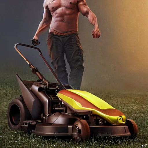 Prompt: hyperrealistic mixed media high resolution painting of Vin Diesel racing a lawnmower, stunning 3d render inspired art by István Sándorfi and Greg Rutkowski and Unreal Engine, perfect symmetry, dim volumetric lighting, 8k octane beautifully detailed render, post-processing, extremely hyper-detailed, intricate, epic composition, highly detailed attributes, highly detailed atmosphere, cinematic lighting, masterpiece, trending on artstation, very very detailed, masterpiece, stunning, flawless structure, lifelike texture, perfection,