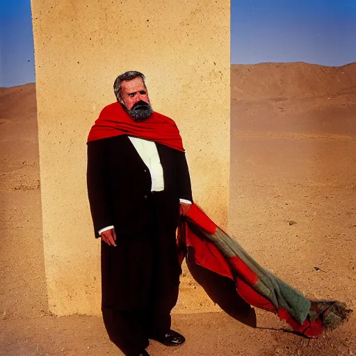 Prompt: portrait of president chester a arthur as afghan man, green eyes and red scarf looking intently, photograph by steve mccurry