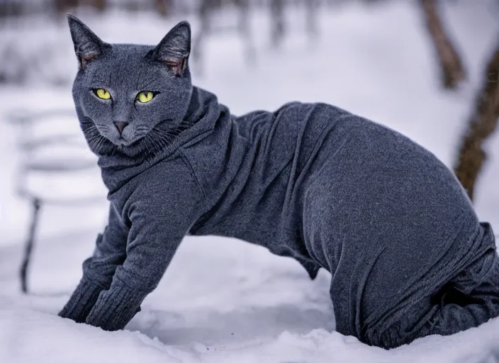 Image similar to Russian Blue catgirl wearing a thick sweater to protect herself from harsh Russian winter.