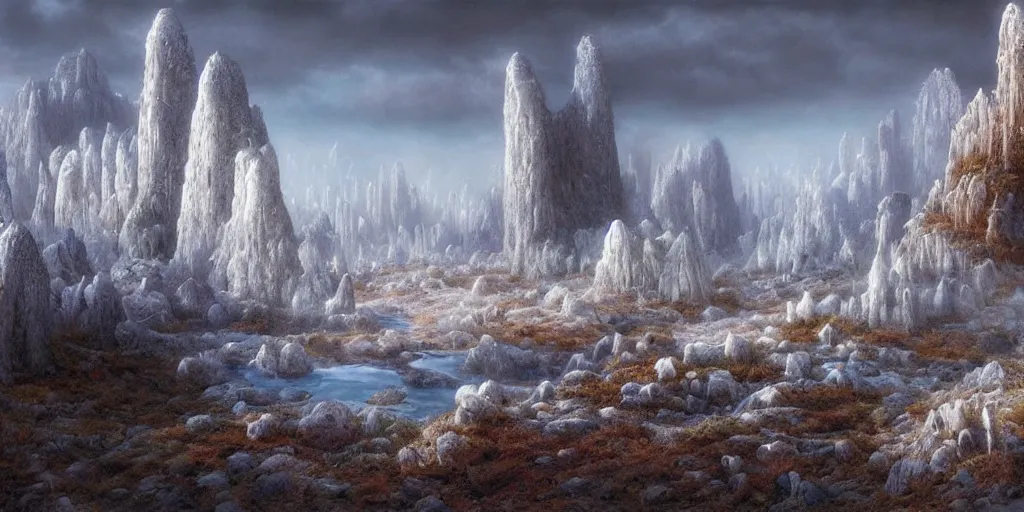 Image similar to Fantastical open landscape by Ted Nasmith, giant crystals, frost, iridescent, digital painting, concept art, landscape