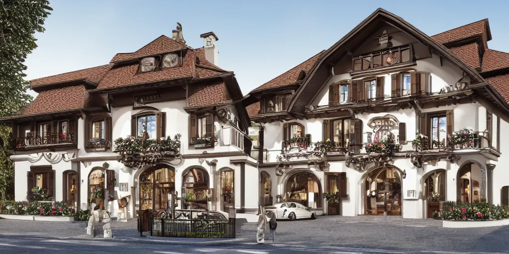 Prompt: Beautiful Swiss chalet with a large clock in its front, jewels, shiny silver, shiny gold, architectural render, Rolex, Breitling, Jacob & Co, Omega, Tag Heur