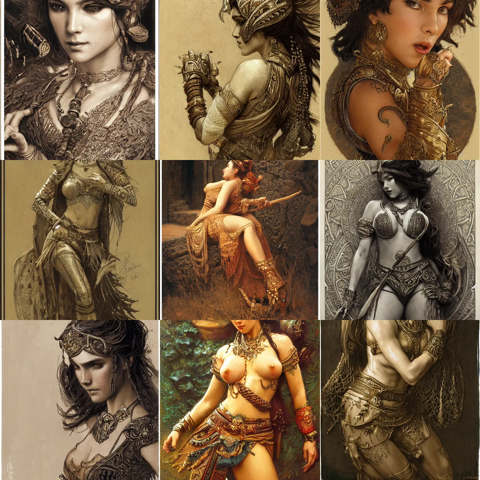 Prompt: fantasy character, wide angle, ultra realistic, intricate details, female dancer, highly detailed, wood block print by gaston bussiere, craig mullins, j. c. leyendecker 8 k