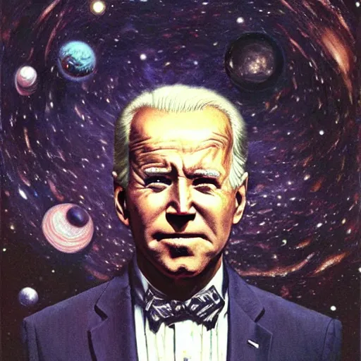 Image similar to terrifying joe biden creating the universe ab nihilio, perfectly clear face, by j. c. leyendecker and beksinski