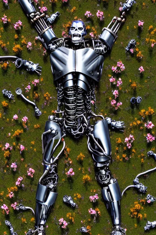 Prompt: destroyed combat terminator lying in a field of flowers, twisted metal, chrome, reflections, earth, terrible, anthropomorphic, photorealism, smoke, metal, 8 k, surreal, wires, wild flowers, greenery, top view, extremely detailed, ultra - realism, cinematic light, epic, art by jeff koons, artgerm and greg rutkowski