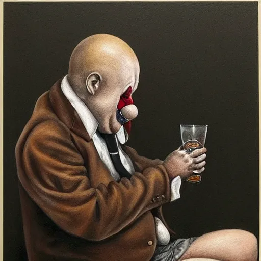 Prompt: a hyperrealistic painting of a depressed clown sitting backstage drinking whiskey and crying, by john kenn mortensen, highly detailed,