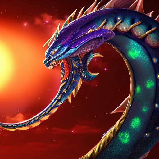 Prompt: aurelion sol dragon in the cosmos staring at the viewer, ultra realistic 4 k render with ray tracing