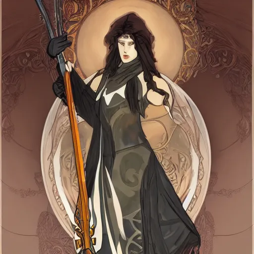 Prompt: concept art, warrior main character, holding a scythe, with a grim reaper like cloak, fantasy, in the style of alphonse mucha and magali villeneuve, dark fantasy, 8k, high resolution, detailed