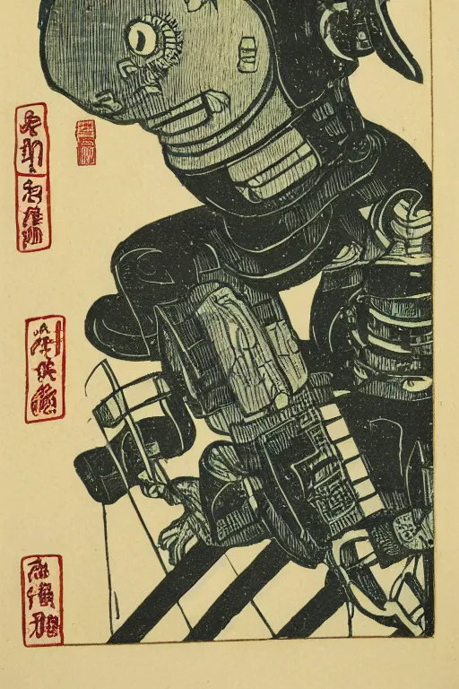 Prompt: Japanese woodblock print of robot gardener