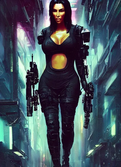 Prompt: Kim Kardashian. Cyberpunk assassin in tactical gear. rb6s, (Cyberpunk 2077), blade runner 2049, (matrix). Epic painting by Craig Mullins and Alphonso Mucha. ArtstationHQ. painting with Vivid color.