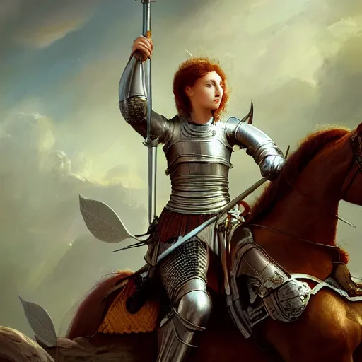 Image similar to beautiful painting of Joan of Arc, high quality, highly detailed, Romanticism painting, medieval, 8k, vivid, coherent, octane render