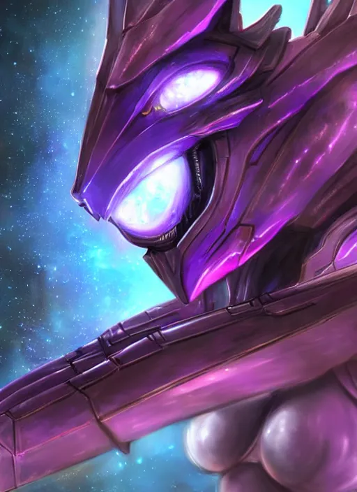 Prompt: cinematic goddess close shot, cosmic sized beautiful stunning elegant hot giant robot mecha female dragon, sharp cyborg dragon head, sharp metal ears, led glowing purple eyes, smooth fuschia skin, smooth silver armor, floating in space, epic proportions, epic scale, macro furry, furry art, dragon art, giantess art, warframe fanart, furaffinity, octane