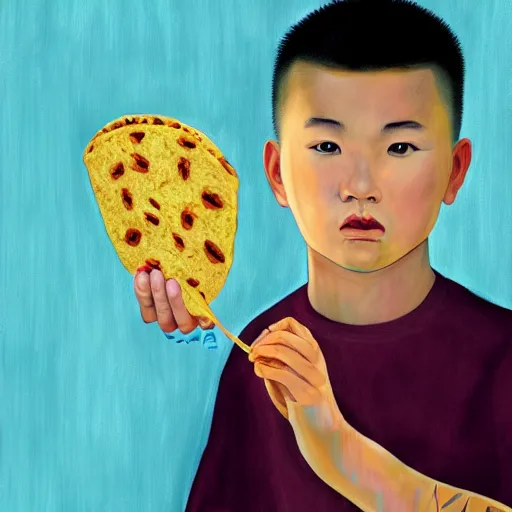 Image similar to dramatic portrait of chinese boy buzz cut, holding a taco, digital painting