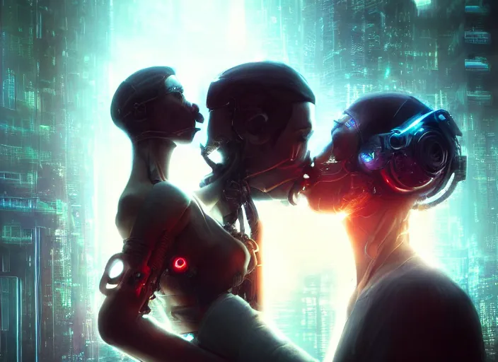 Image similar to cyberpunk, sci - fi, fantasy, ultra realistic medium shot of a couple of cyborgs kissing, lovers, joined by cables, backlight, led, unreal engine, octane render, soft light, night, highly detailed, digital painting, concept art, sharp focus, illustration, art by artgerm and greg rutkowski and alphonse mucha