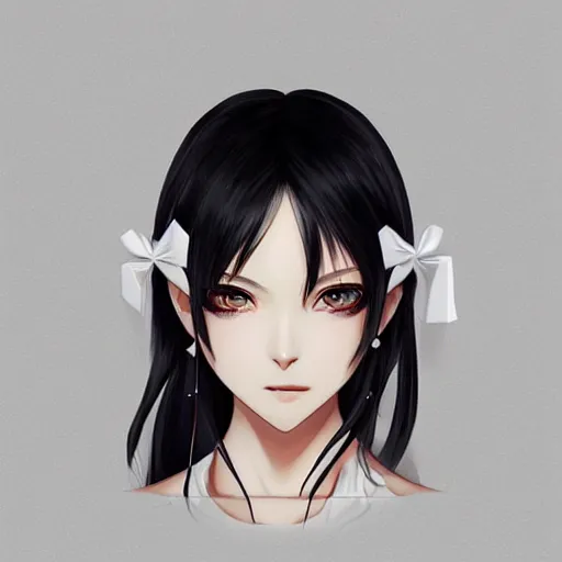 Image similar to luxury advertisement, astonishing portrait of a very beautiful anime high-school girl with black hair ponytail, white ribbon, full perfect face, realistic, highly detailed background, artstation, 120 degree view, drawn by Sasoura, Satchely and Akihiko Yoshida, no distortion