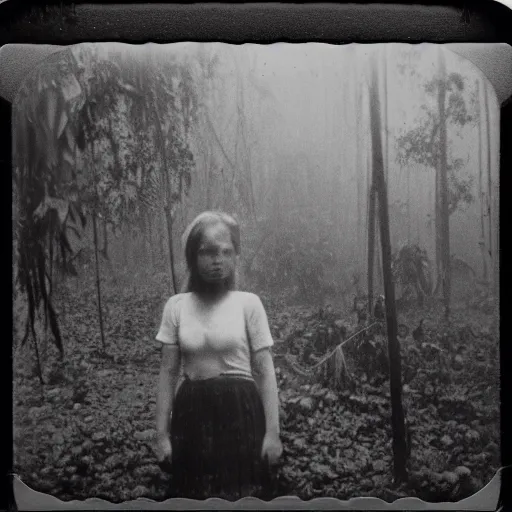 Image similar to an ancient evil-girl devouring the human souls on a mysterious Colombian jungle, mist, 1910 polaroid photography, grainy film, Black and white