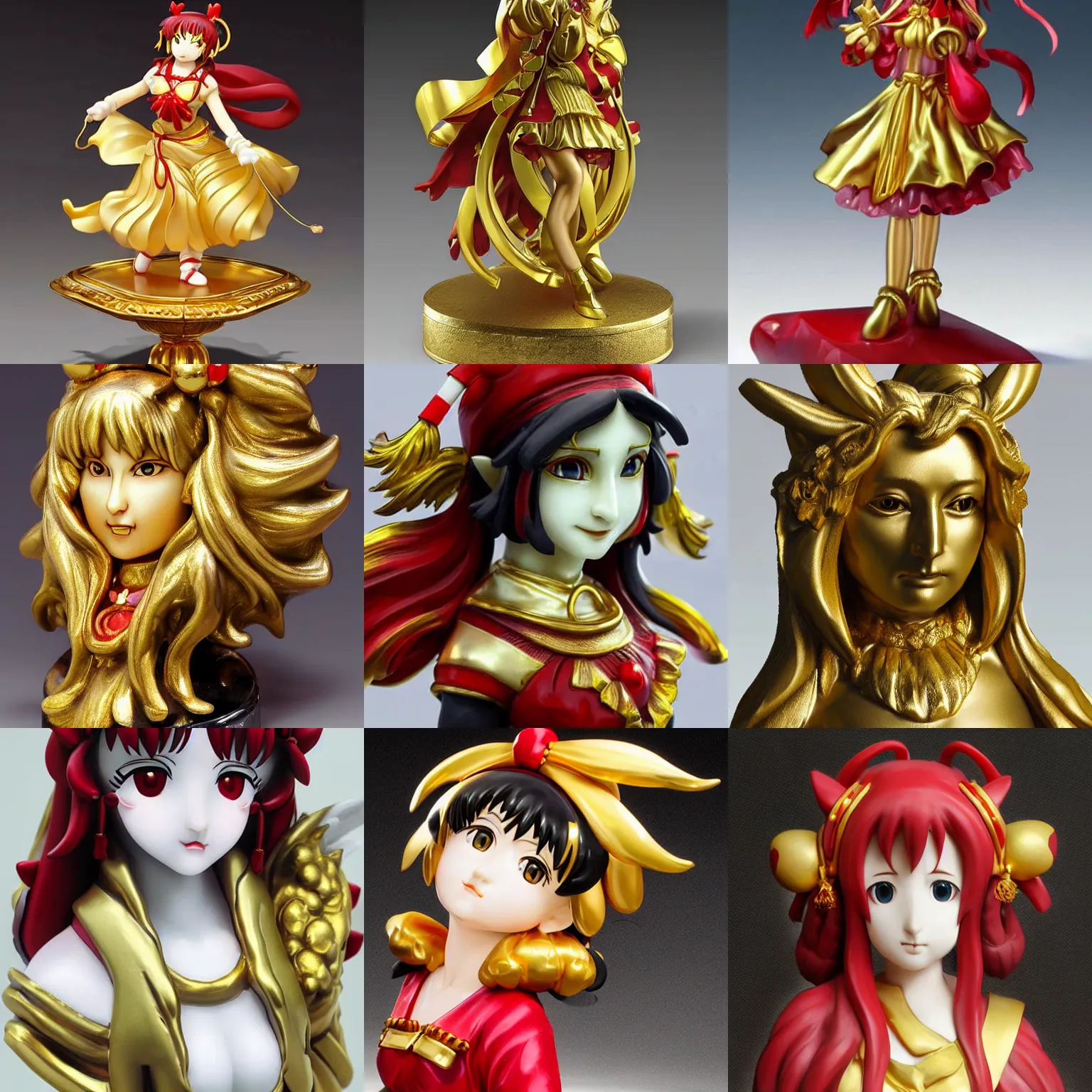 Prompt: a gold marble sculpture of reimu hakurei, masterpiece, ultra realistic, hyperrealistic, extreme details