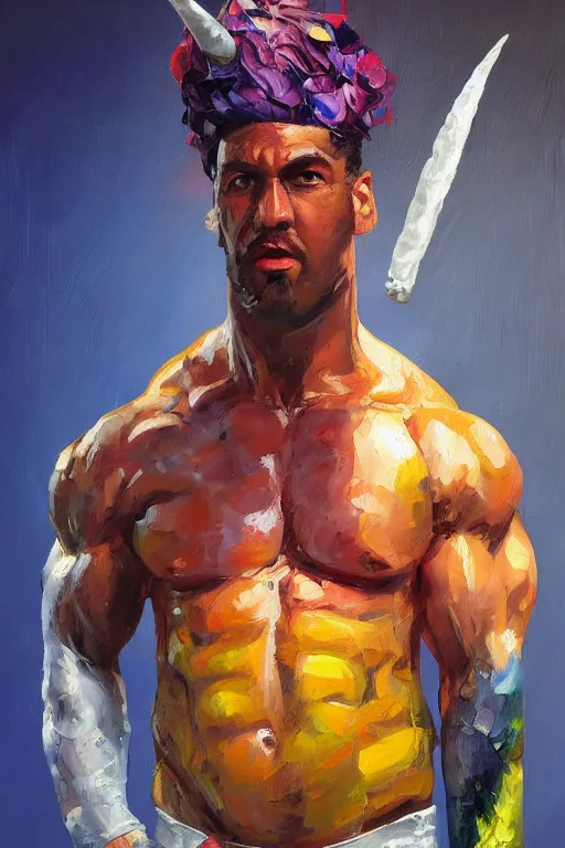 Prompt: palette knife oil painting portrait of estrella, a muscular bouncer with a unicorn horn, extreme detail, artstation trending, artgerm, any racial background, deviant art, octane, substance, art history 8 k